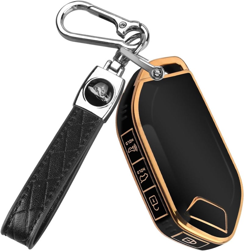 QBUC for Kia Key fob Cover,Soft TPU 360°Car Key Case Protector with Leather Keychain Compatible with Kia Telluride 2023/2024 5 Buttons Smart Key (Black) - Image 1